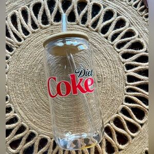 16 oz Diet Coke glass with lid and glass straw